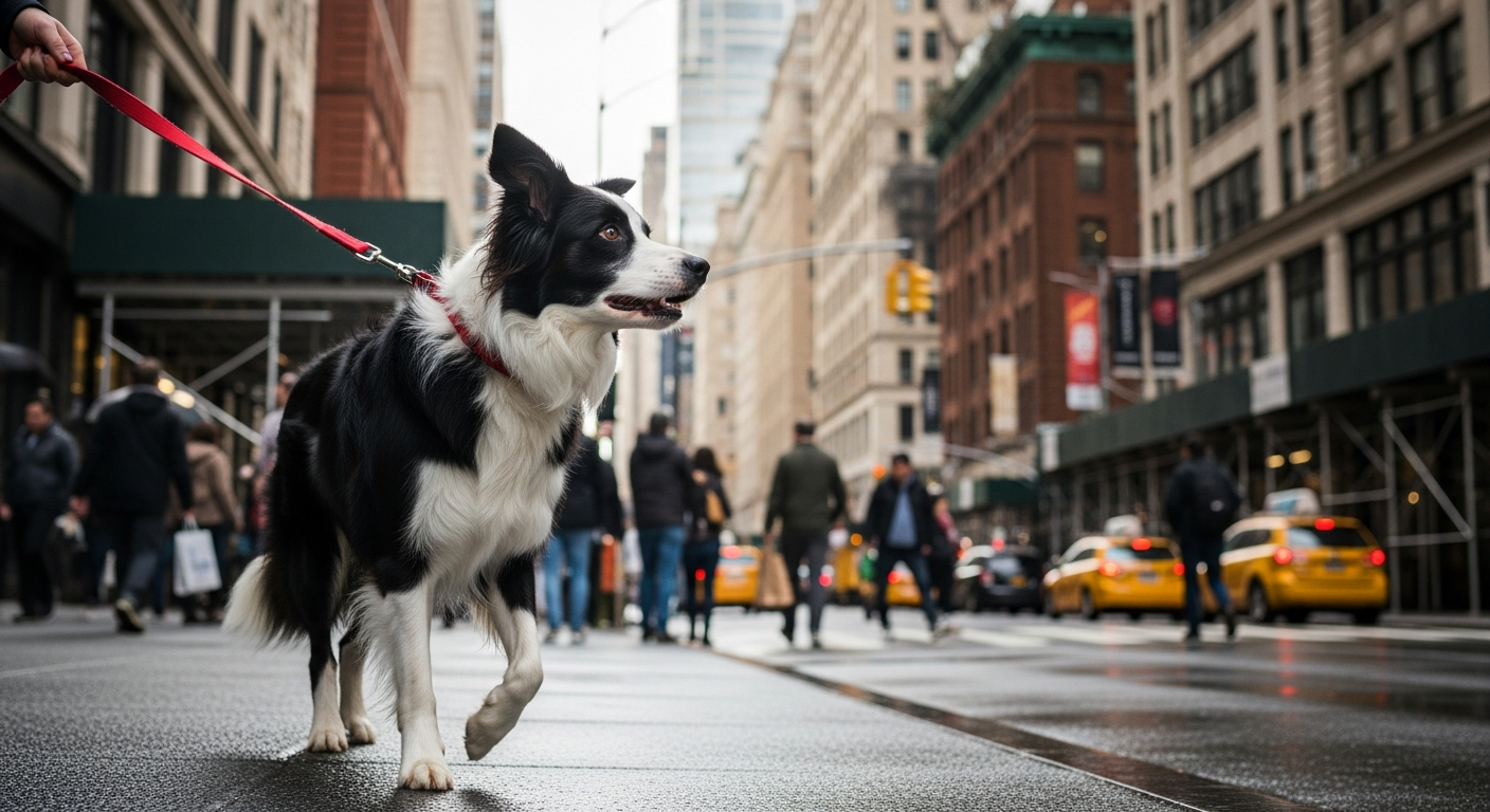 Border Collie alert on a busy city street