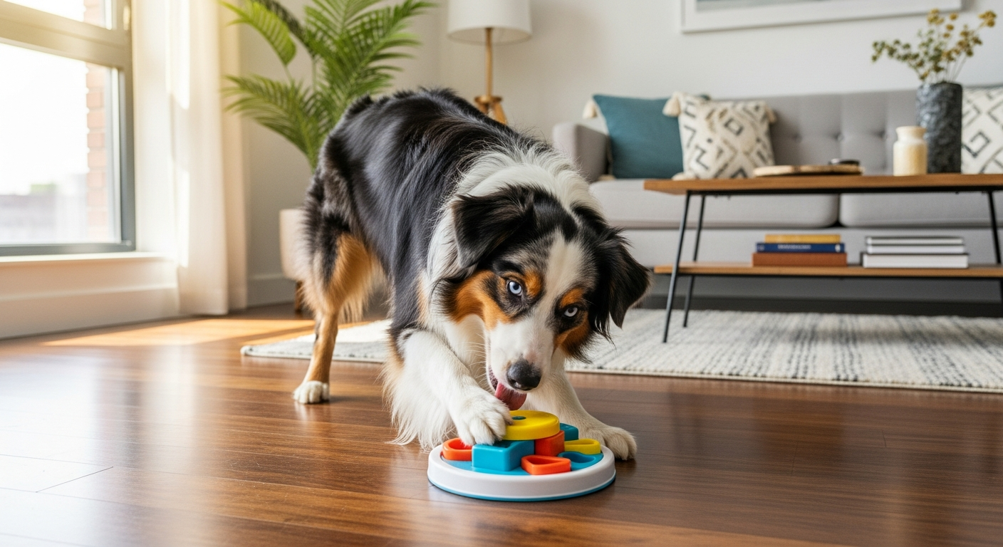 Australian Shepherd playing with puzzle toy in urban apartment